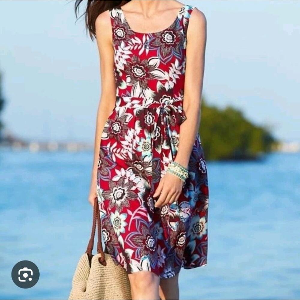 Talbots Red White Floral Sleeveless Fit & Flare Knee Length Dainty Dress Sz 14 P